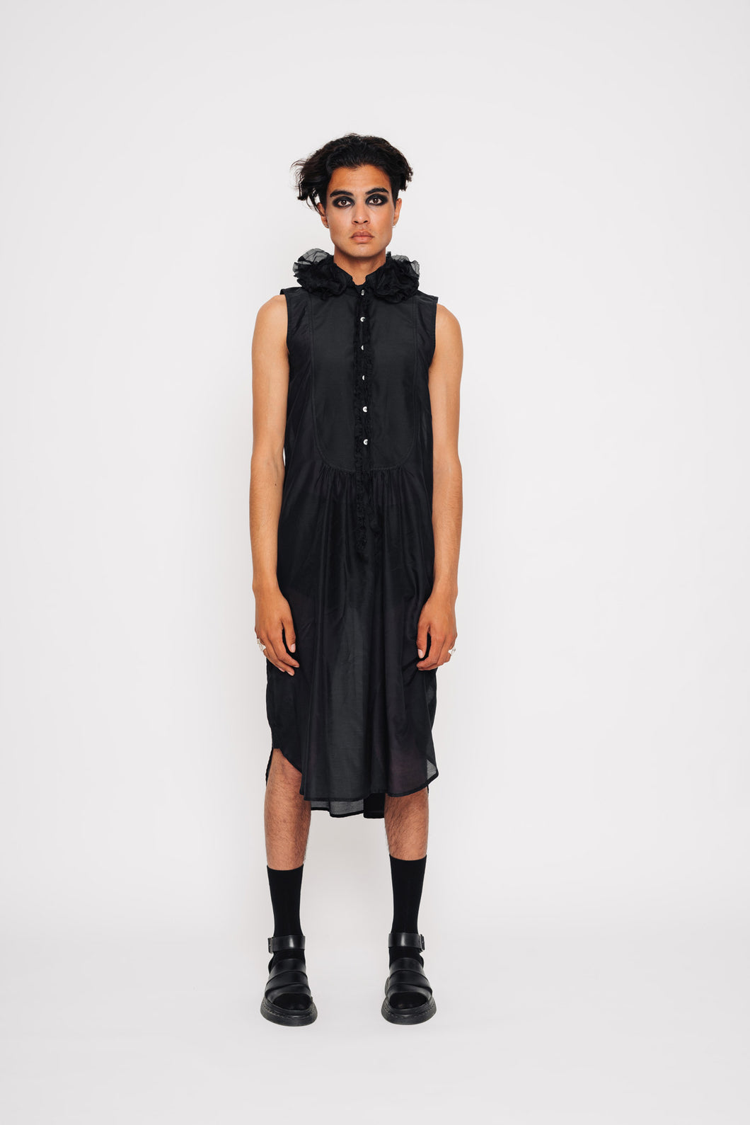 SLEEVELESS BIBBED SHIRT DRESS 001 - BLACK